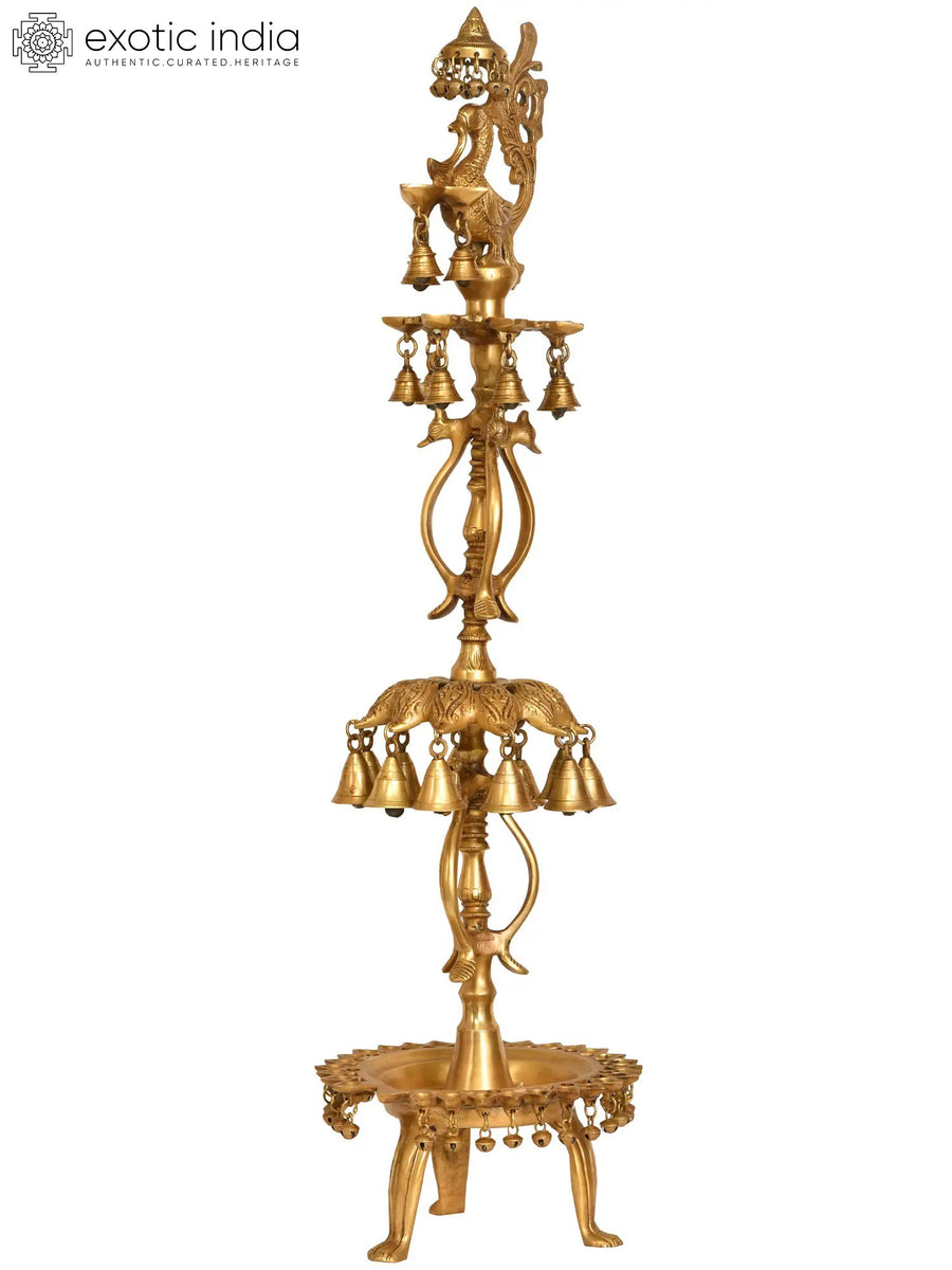 36" Brass Peacock Lamp with Bells and Ghungroos Handmade