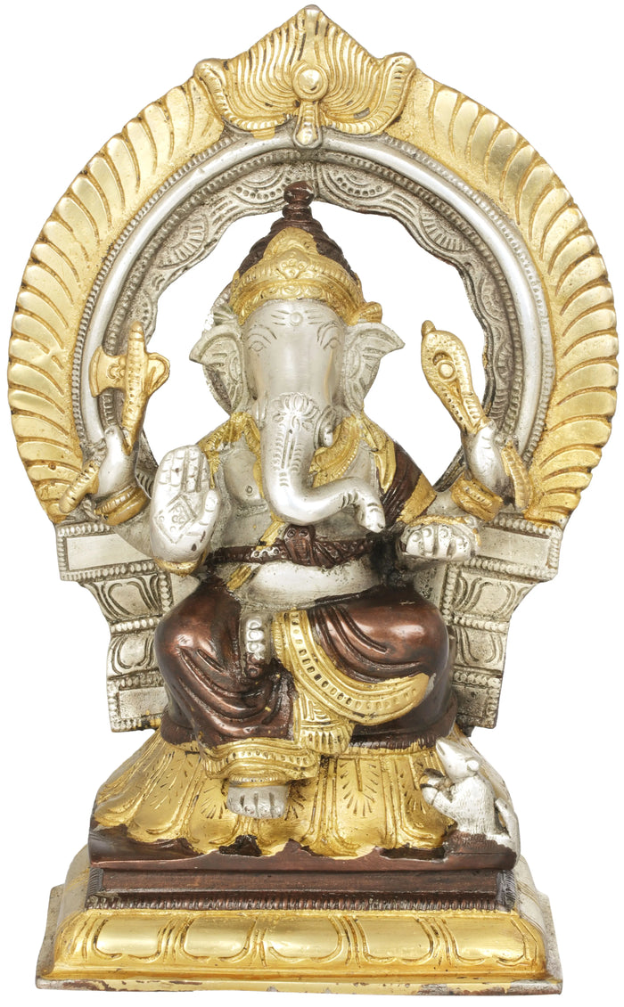 9" Seated Lord Ganesha with Prabhavali Brass Idol Handmade