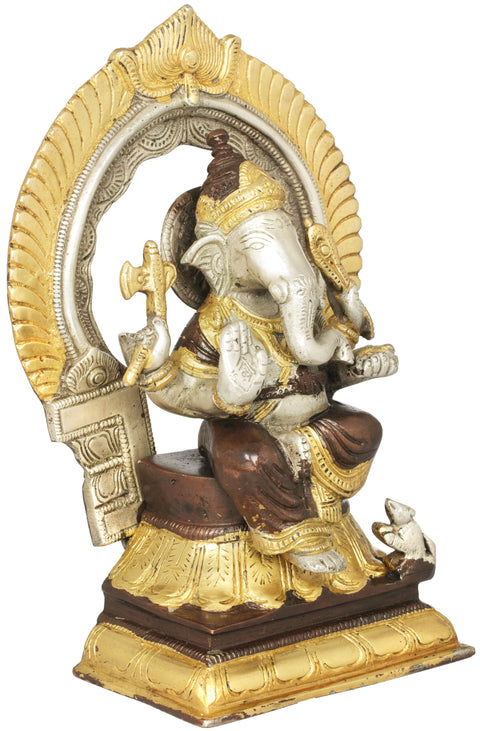 9" Seated Lord Ganesha with Prabhavali In Brass | Handmade | Made In India