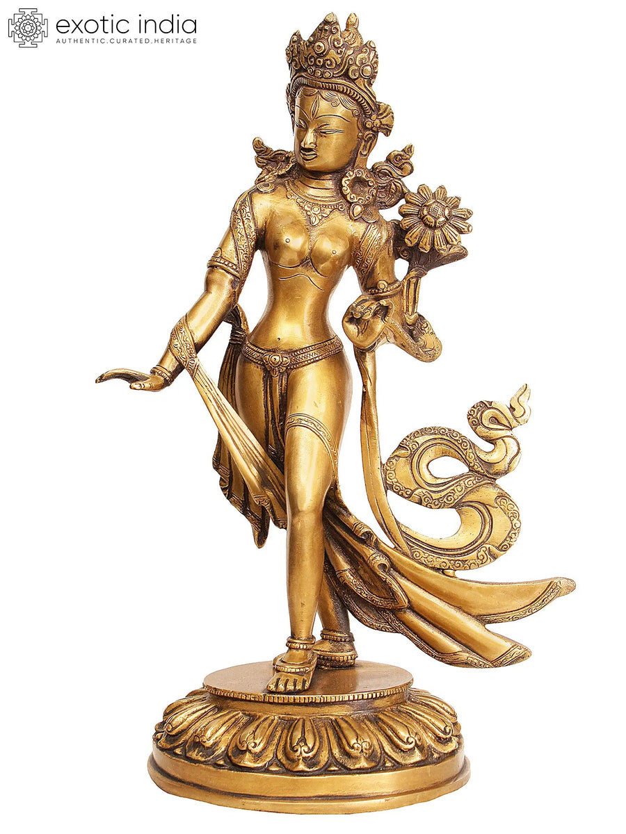 14" Standing Tara Buddhist Goddess Brass Statue with Floral Engravings