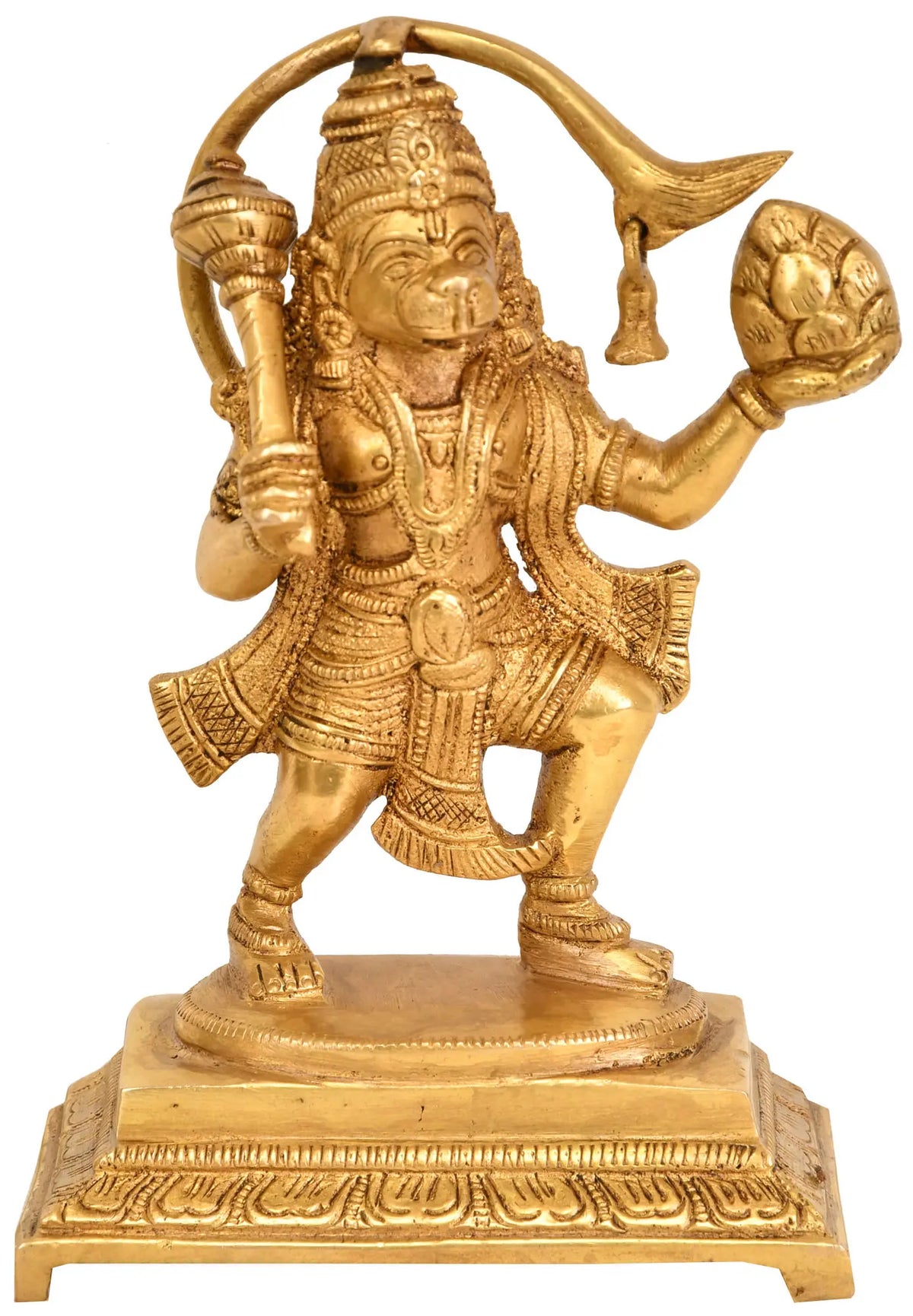 6" Brass Lord Hanuman Statue Holding Mount of Sanjeevani Herbs