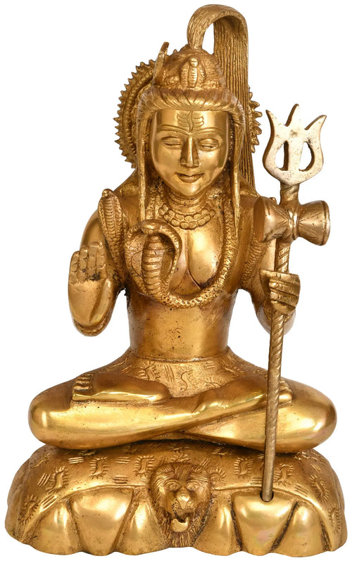 9" Shiva Seated on Lion Skin Brass Statue Handmade