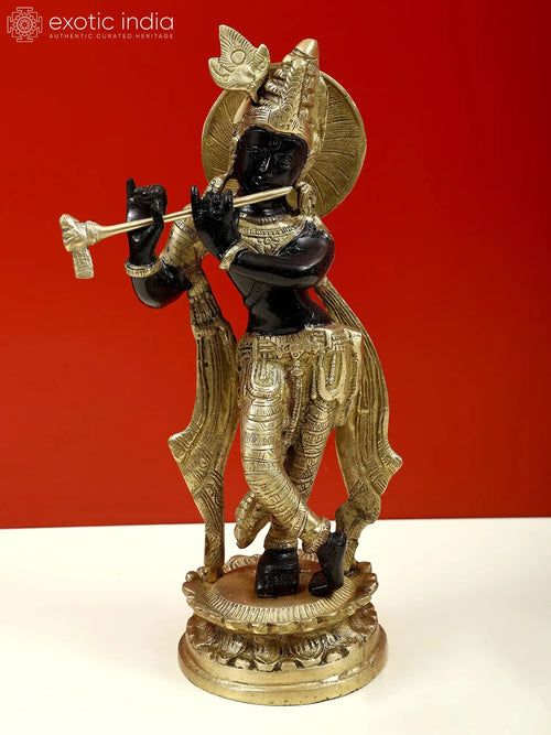 11" Lord Krishna Playing Flute Brass Statue Handmade