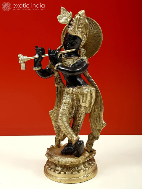11" Lord Krishna Playing Flute In Brass