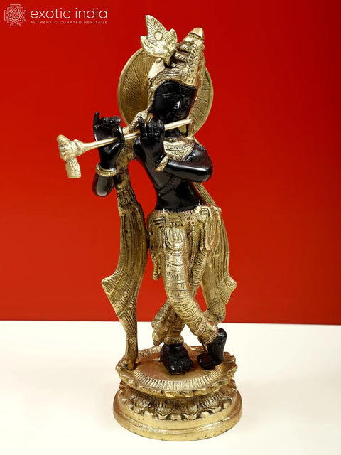 11" Lord Krishna Playing Flute In Brass