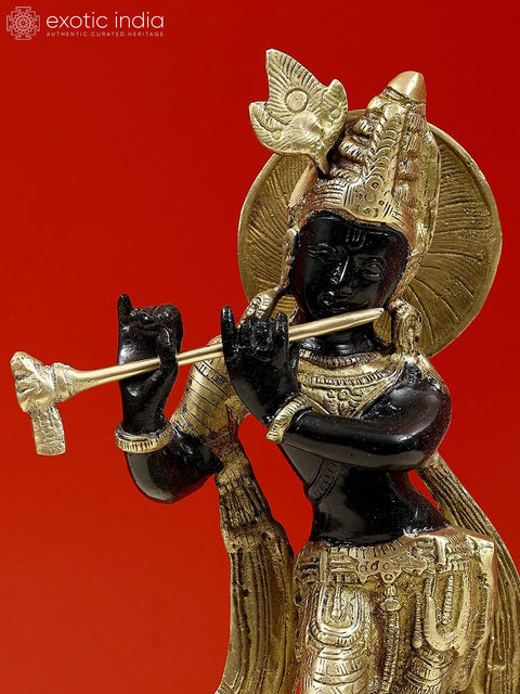 11" Lord Krishna Playing Flute In Brass