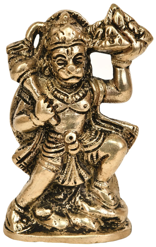 Small Brass Lord Hanuman Idol With Sanjeevani Herbs Handmade