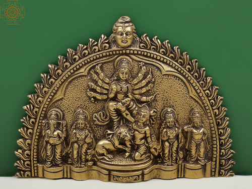 7" Brass Wall Hanging Plate Goddess Durga with Ganesha Lakshmi Saraswati Kartikeya