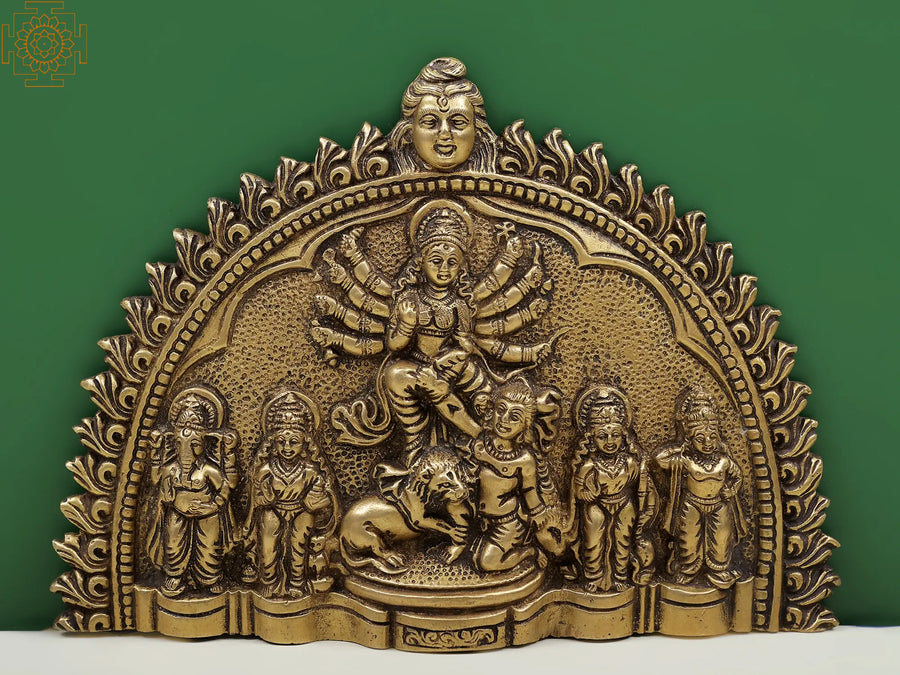 7" Brass Wall Hanging Plate Goddess Durga with Ganesha Lakshmi Saraswati Kartikeya