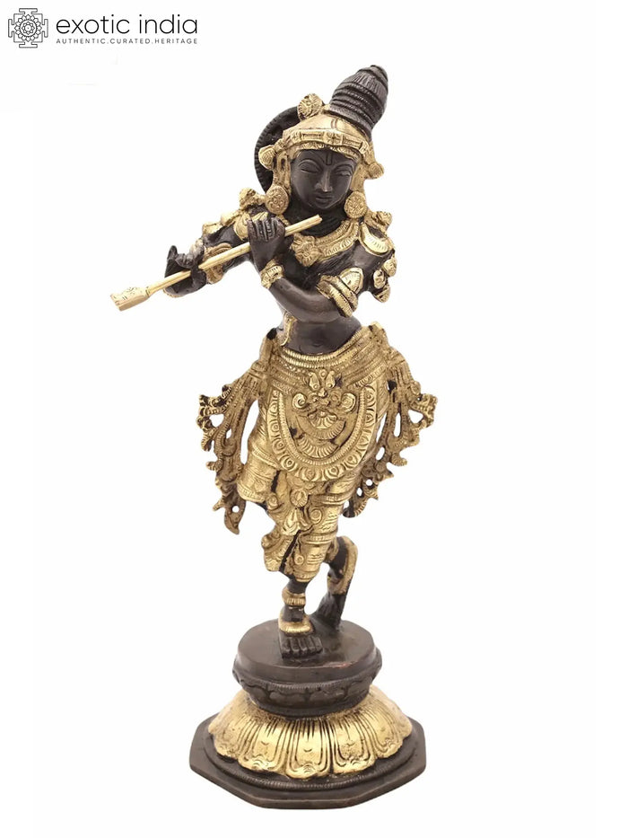 9" Lord Krishna Playing Flute Handmade Brass Statue