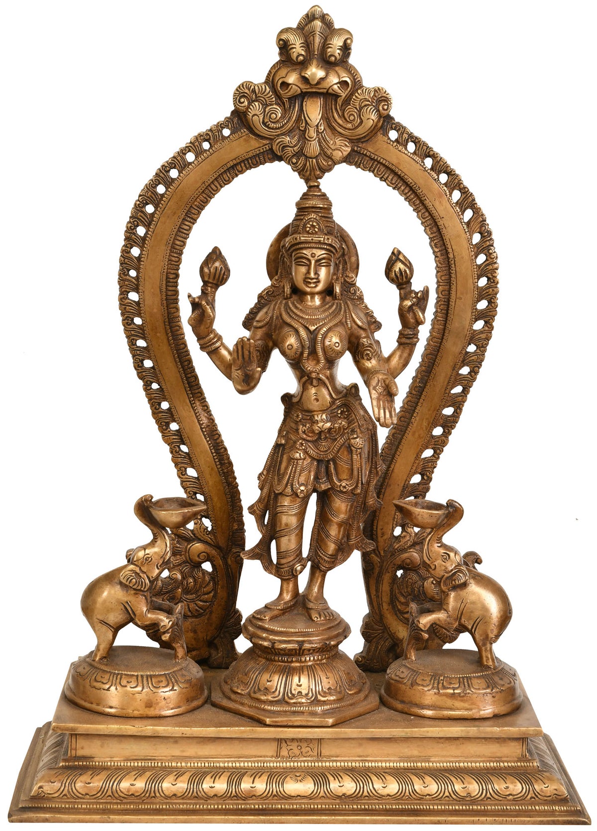15" Standing Goddess Lakshmi Brass Sculpture with Elephants - Handmade Indian Idol