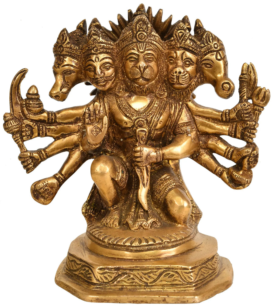 6" Five Headed Hanuman Brass Statue Handmade