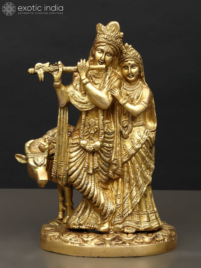 9" Handmade Radha Krishna with Cow Brass Statue