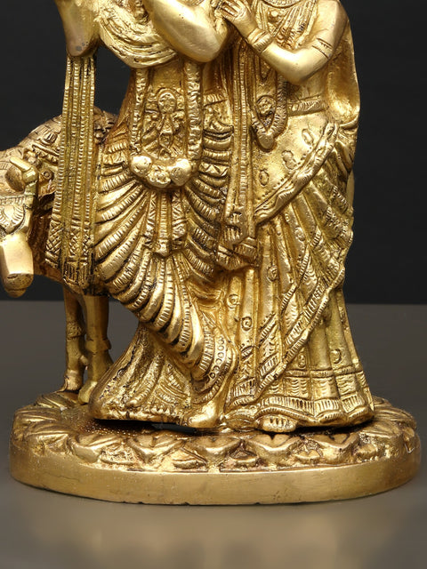 9" Radha Krishna with Cow in Brass | Handmade | Made in India