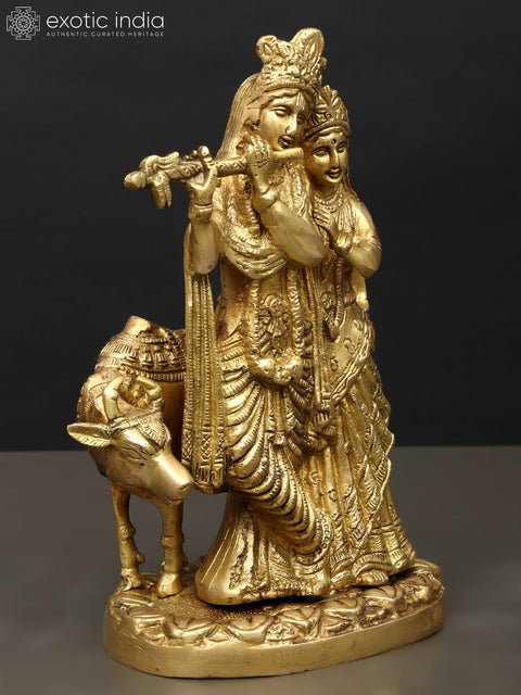 9" Radha Krishna with Cow in Brass | Handmade | Made in India