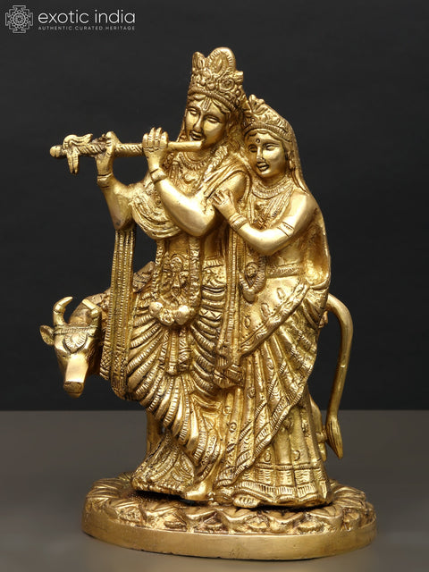 9" Radha Krishna with Cow in Brass | Handmade | Made in India