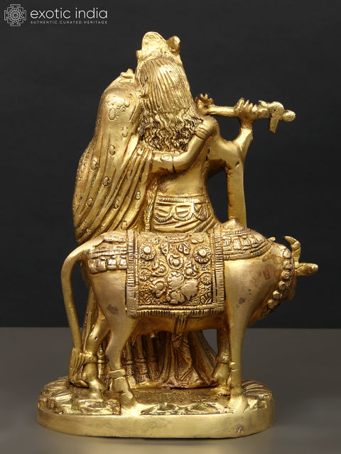 9" Radha Krishna with Cow in Brass | Handmade | Made in India