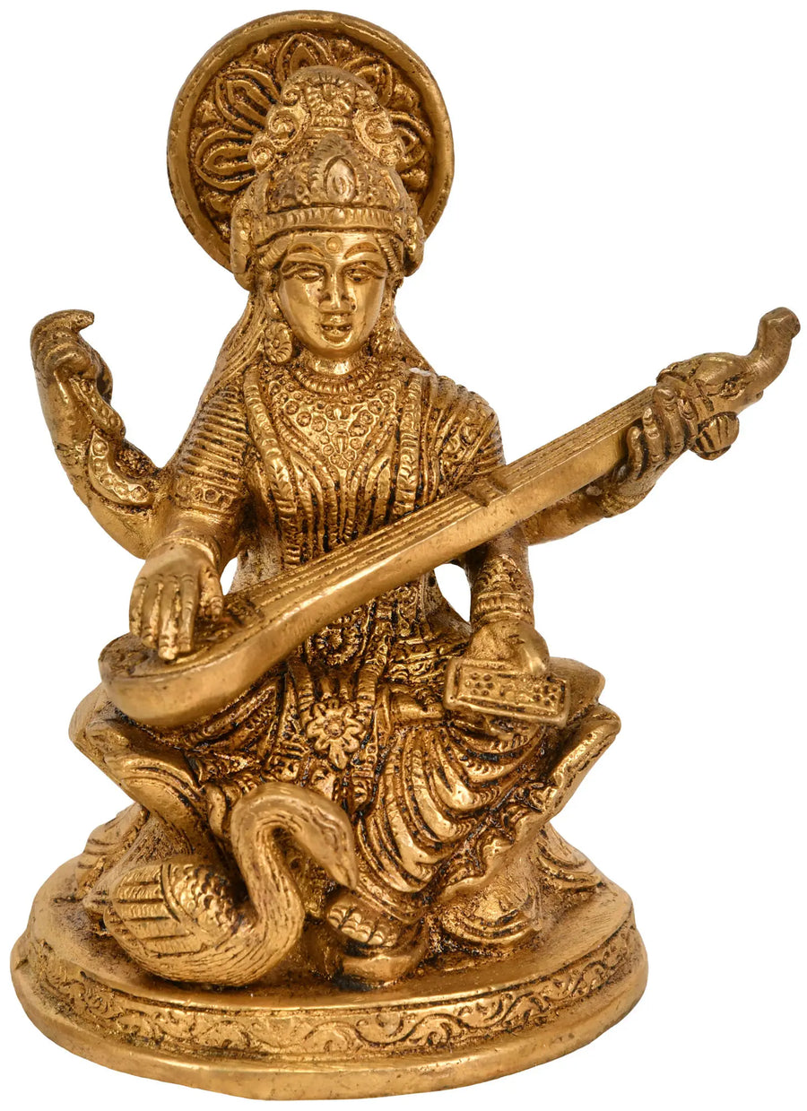 5" Handmade Goddess Saraswati Playing Veena Brass Statue