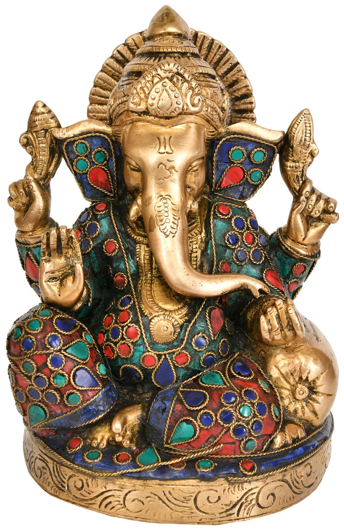 6" Handmade Lord Ganesha with Pillow Brass Statue