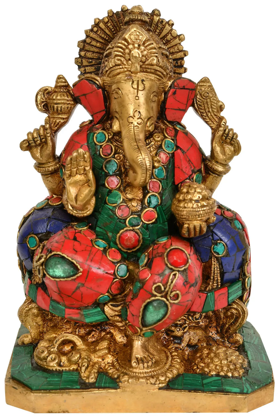 6" Handmade Lord Ganesha Brass Idol with Inlay Work