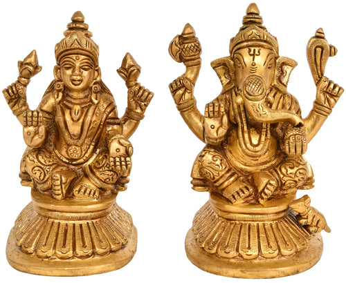 4" Goddess Lakshmi and Lord Ganesha Brass Statue Handmade