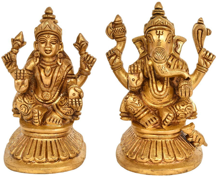 4" Goddess Lakshmi and Lord Ganesha Brass Statue Handmade