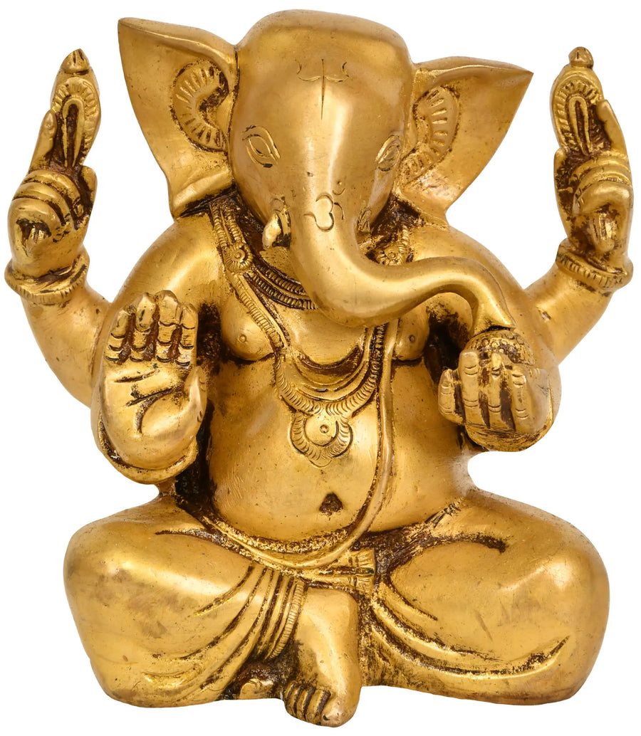 5" Chaturbhuja Ganesha Brass Statue Handmade