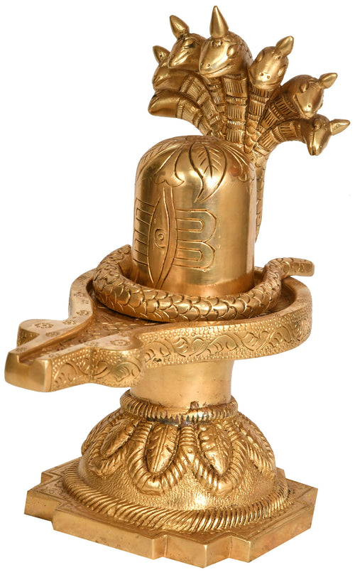9" Shiva Linga with Seven Hooded Serpent Brass Statue Handmade