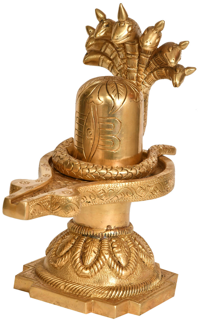 9" Shiva Linga with Seven Hooded Serpent Brass Statue Handmade