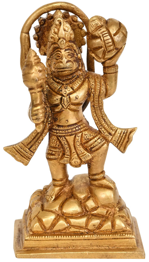 3" Handmade Brass Lord Hanuman Idol with Sanjeevani Herbs