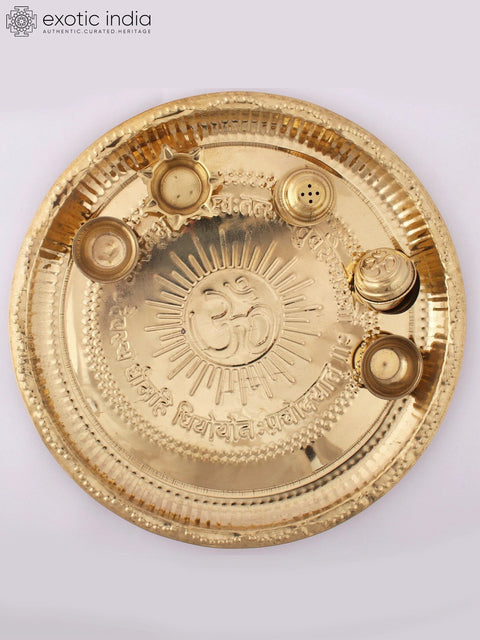Brass Puja Thali with Haldi and Kumkum Bowl, Incense Stand and Diya