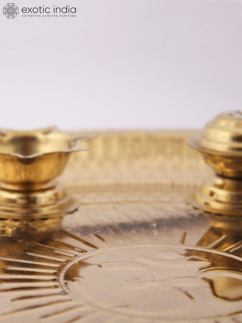 Brass Puja Thali with Haldi and Kumkum Bowl, Incense Stand and Diya
