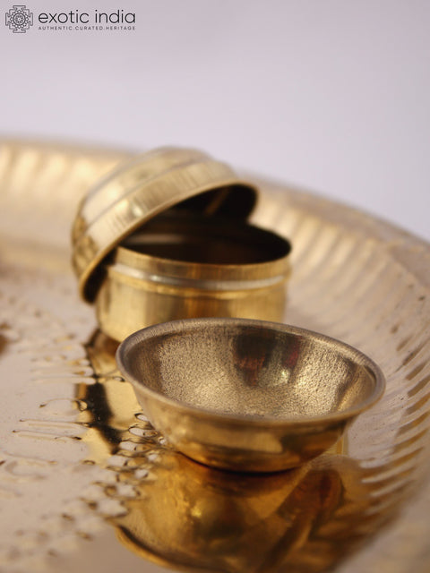 Brass Puja Thali with Haldi and Kumkum Bowl, Incense Stand and Diya