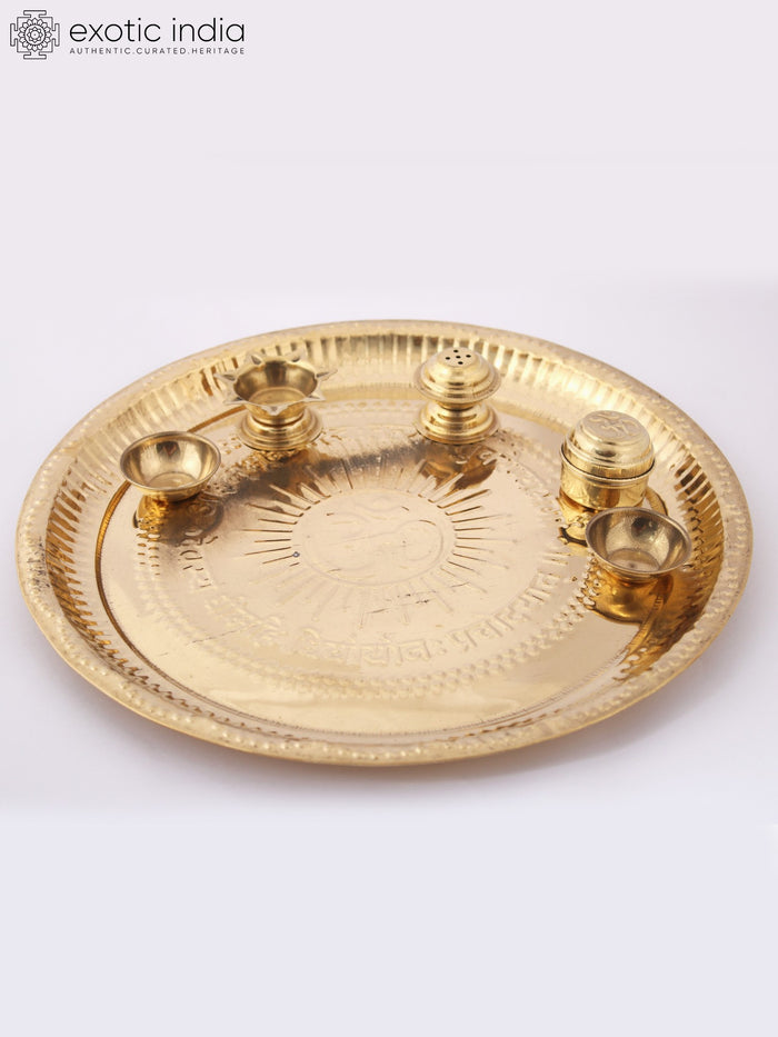 Brass Puja Thali Set with Haldi Kumkum Bowl Incense Stand and Diya