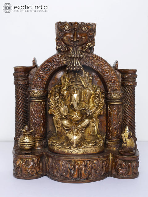 10" Temple Ganesha with Twin Lamps and Kirtimukha Atop | Brass Statue