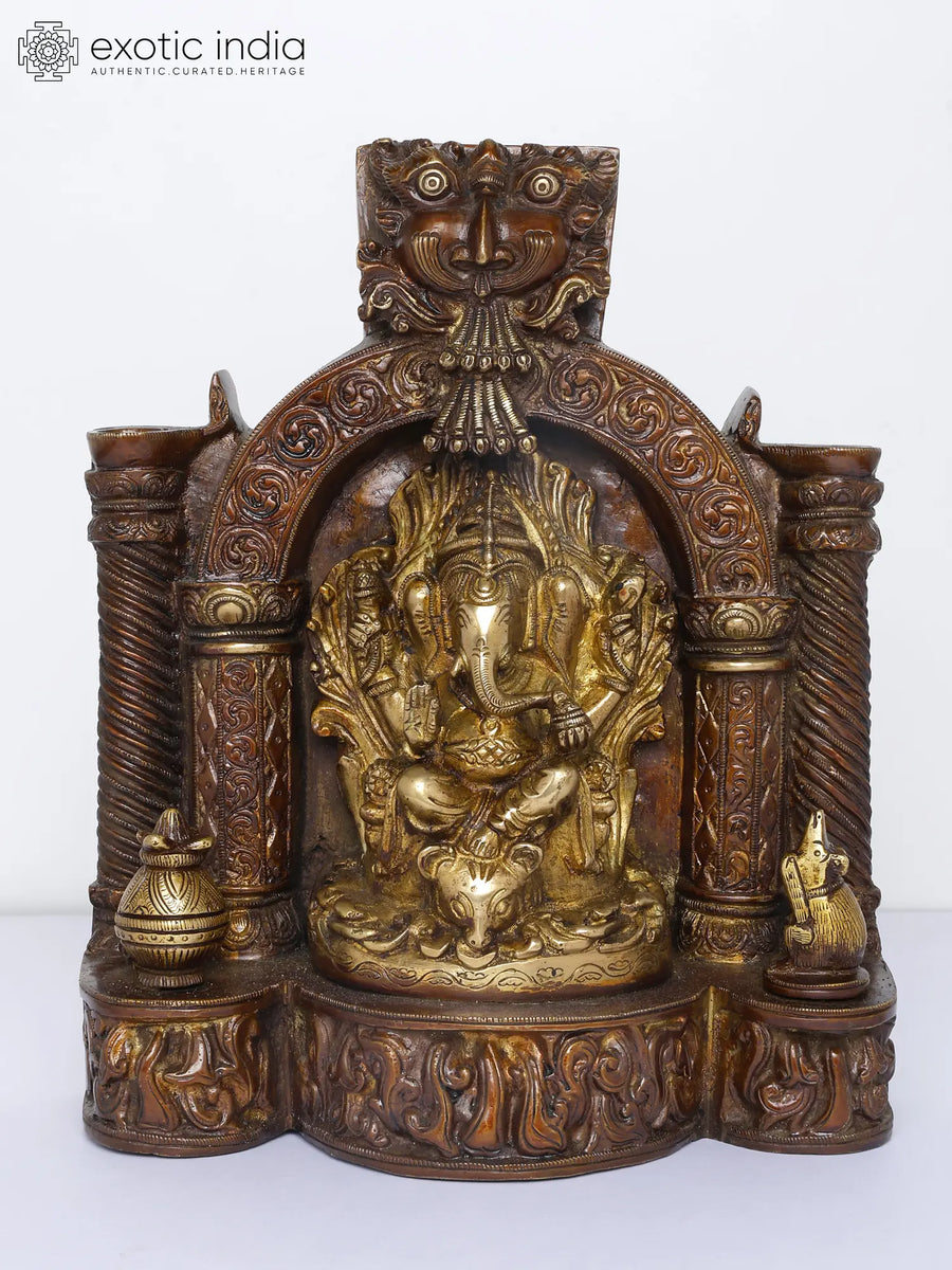 10" Brass Ganesha Temple Statue with Twin Lamps and Kirtimukha