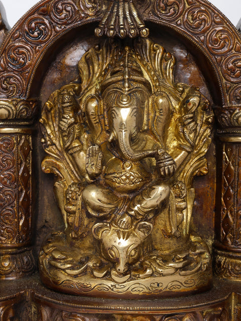 10" Temple Ganesha with Twin Lamps and Kirtimukha Atop | Brass Statue