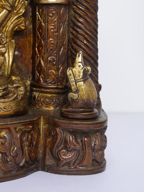10" Temple Ganesha with Twin Lamps and Kirtimukha Atop | Brass Statue