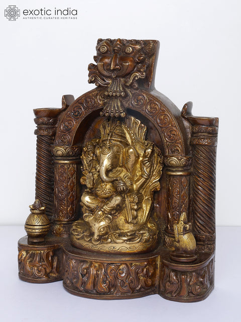 10" Temple Ganesha with Twin Lamps and Kirtimukha Atop | Brass Statue