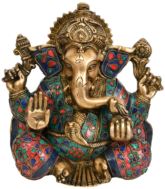 Lord Ganesha Chaturbhuj Brass Idol with Inlay