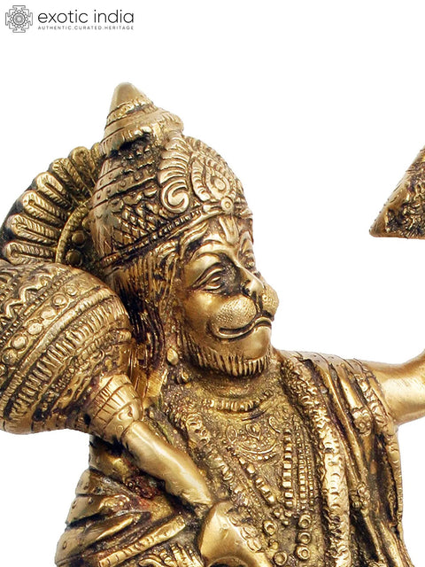 11" Shri Hanumanji Carrying Sanjeevani Mountain | Handmade Brass Statue
