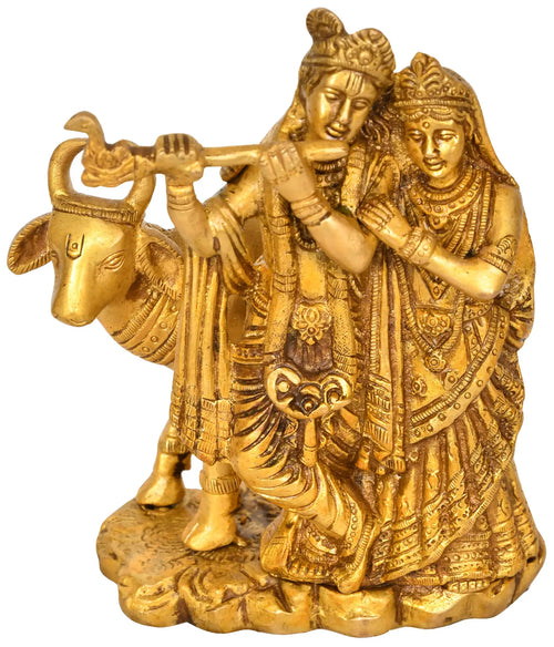 6" Radha Krishna with Cow Brass Handmade Statue