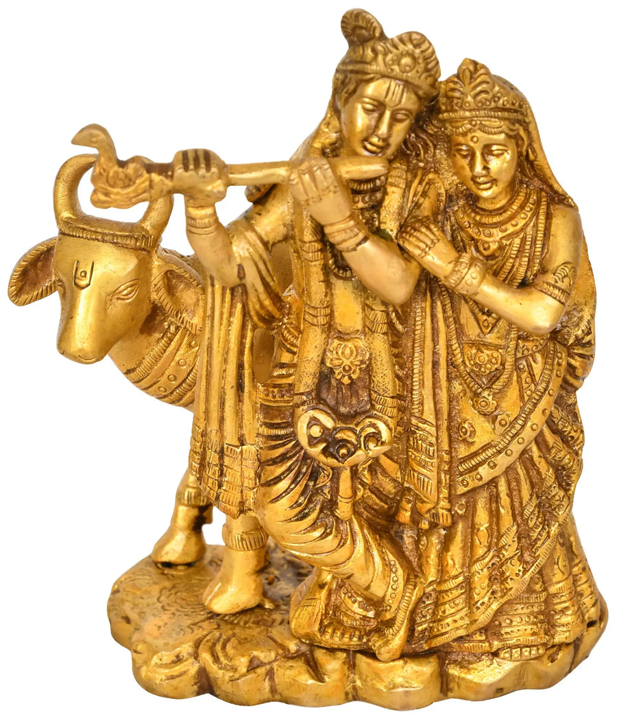 6" Radha Krishna with Cow Brass Handmade Statue