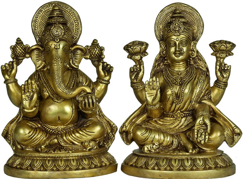 8" Lakshmi Ganesha Handmade Brass Statue for Pooja