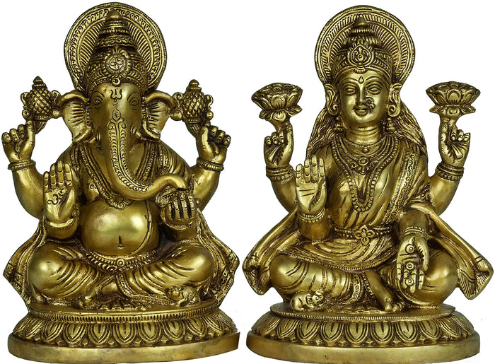 8" Lakshmi Ganesha Handmade Brass Statue for Pooja