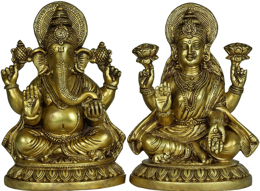 8" Lakshmi Ganesha Handmade Brass Statue for Pooja