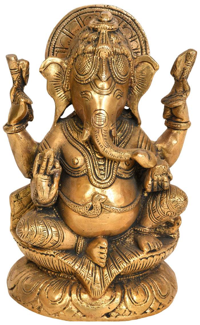 7" Four-Armed Ganesha Brass Idol Seated in Royal Ease Posture