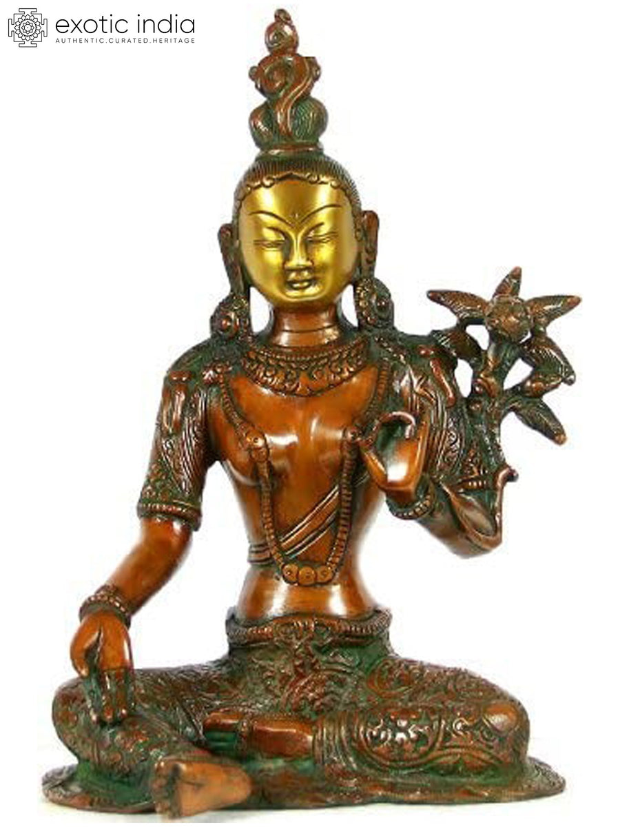 10" Green Tara Brass Statue for Pooja and Home Decor