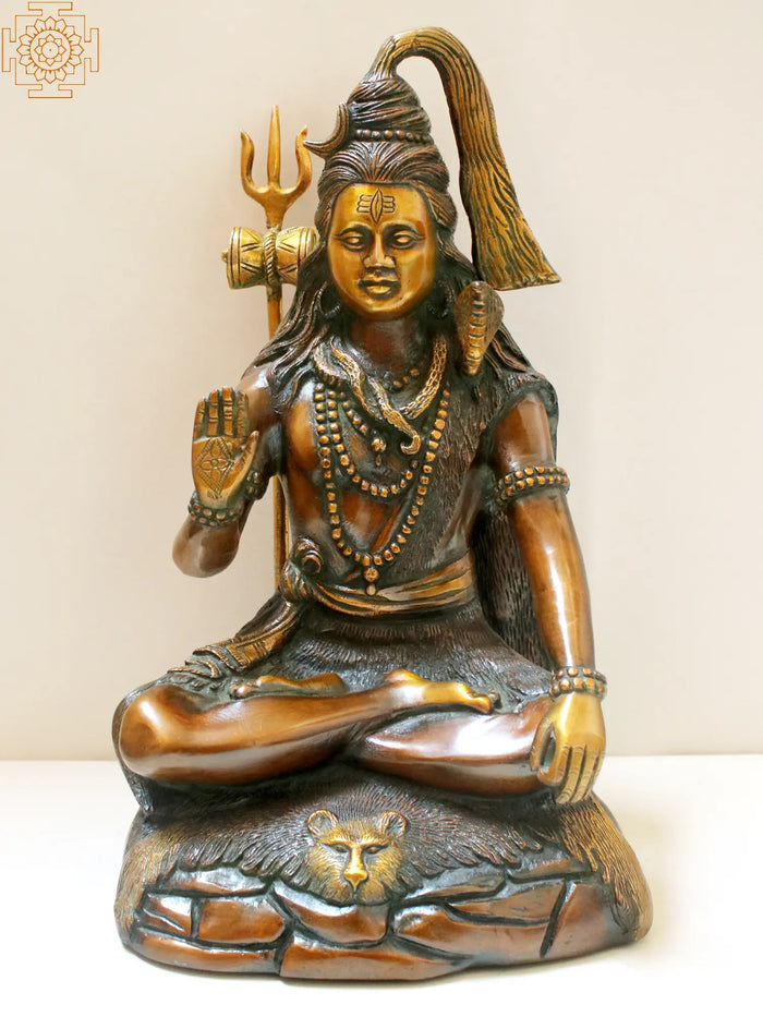 13" Brass Shiva Seated on Tiger Skin Statue for Pooja