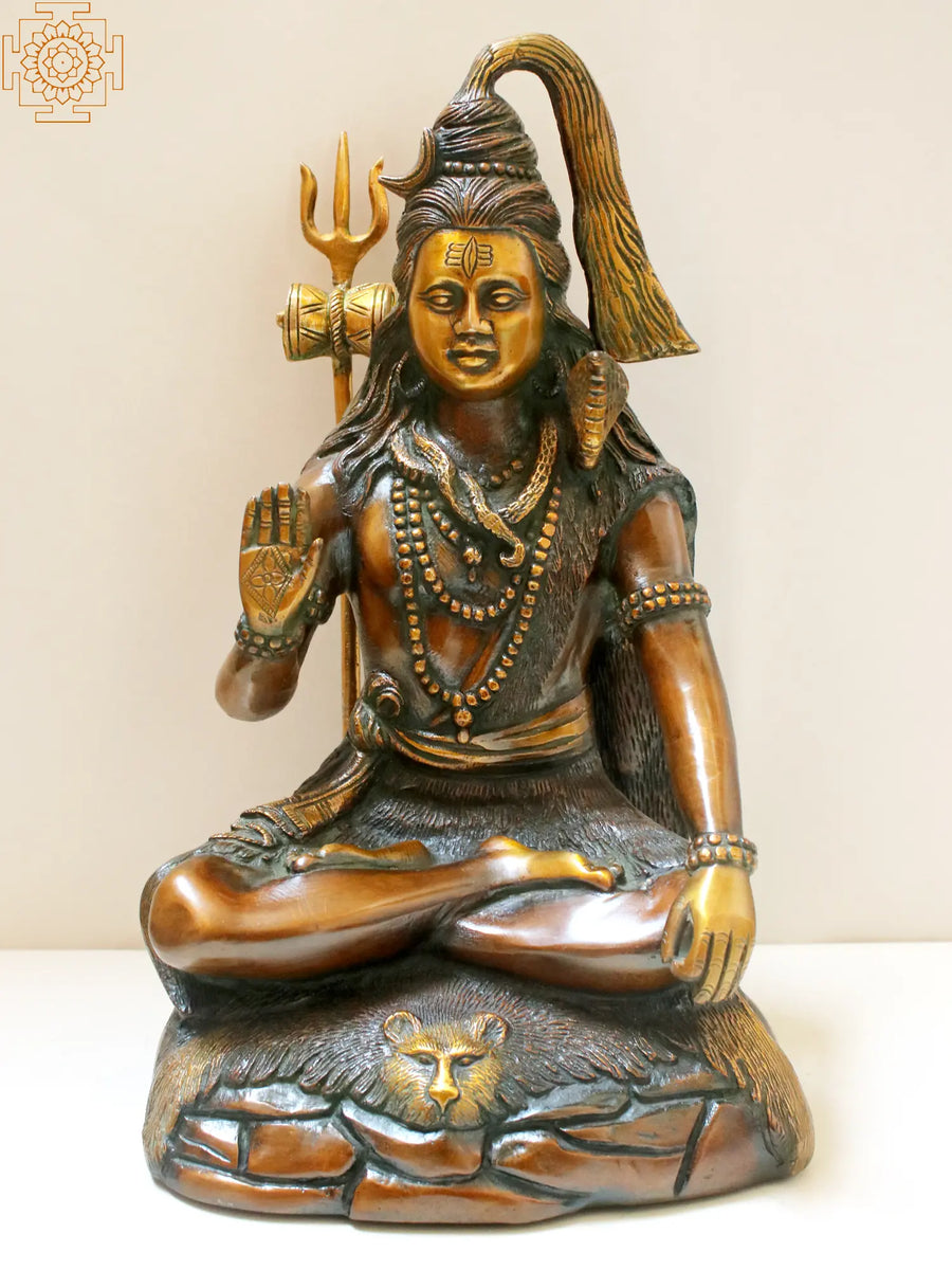 13" Brass Shiva Seated on Tiger Skin Statue for Pooja